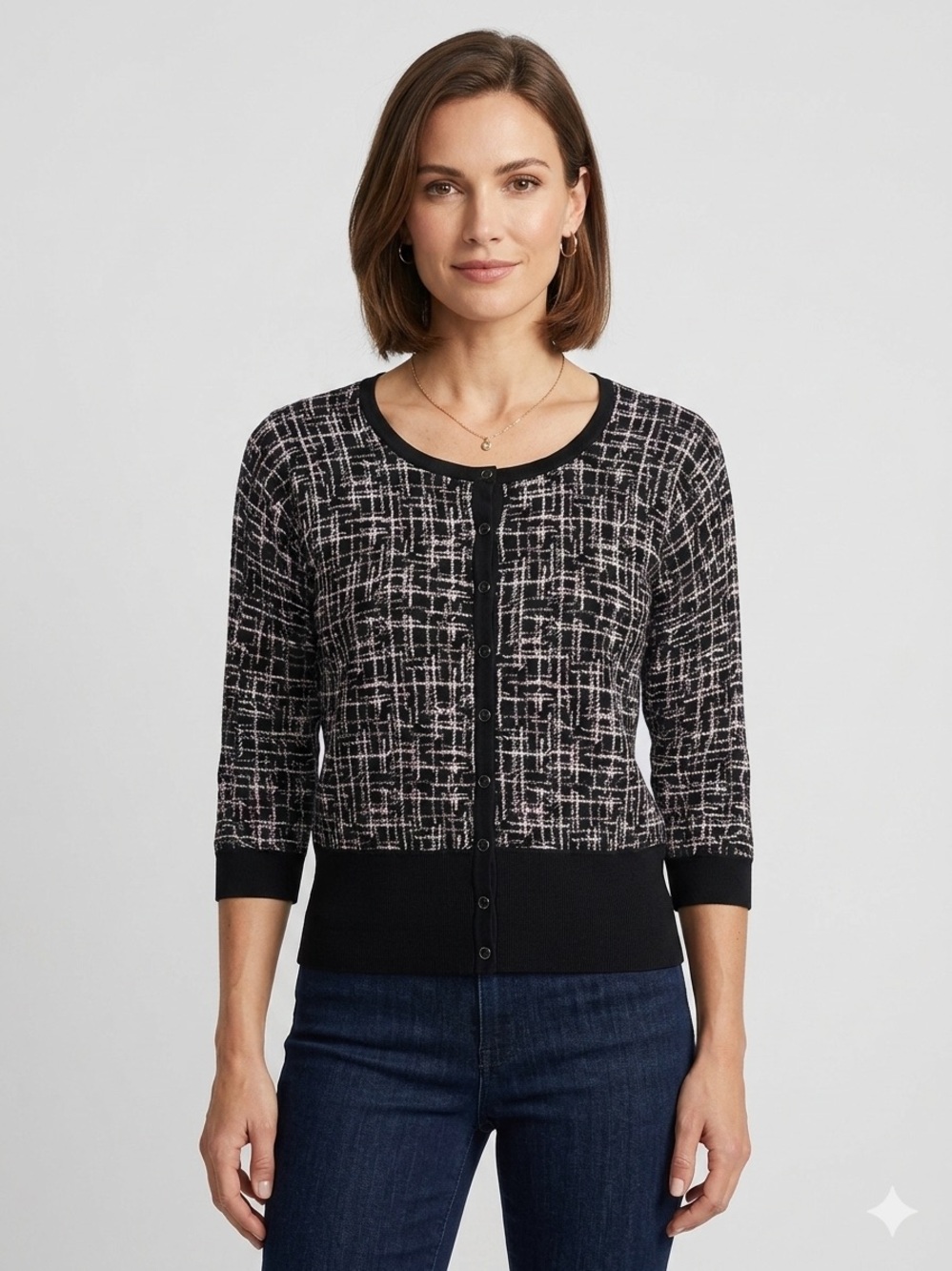 Womens Reversible Cardigan Black Plaid Pink Detail 3/4 Sleeve Button Front Sz S